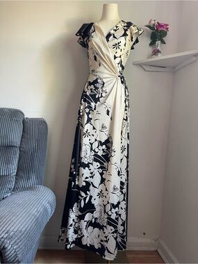 Floral Wrap Maxi Dress in Black and Cream